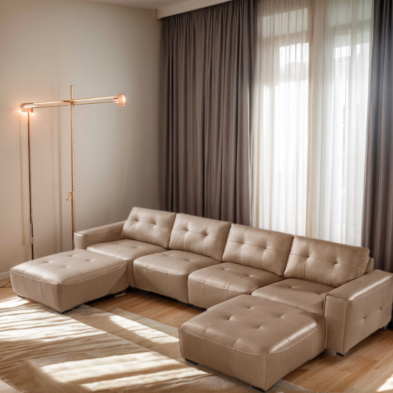 Modern Leather 6-Piece Classic U shaped Sleeper Sectional with Two Large Ottomans Chaise, Light Brown Faux Leather