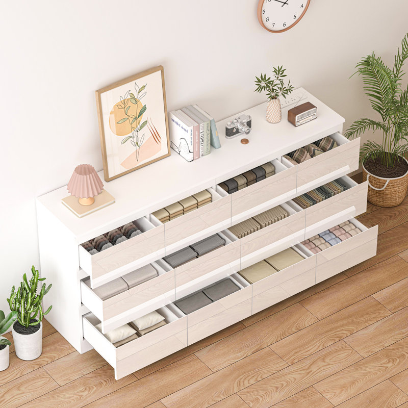 70 Inch 9 Drawers Dresser With Power Outlet, Wide High Gloss Chest Of Drawers Large, Modern Storage Drawer Dresser For Bedroom