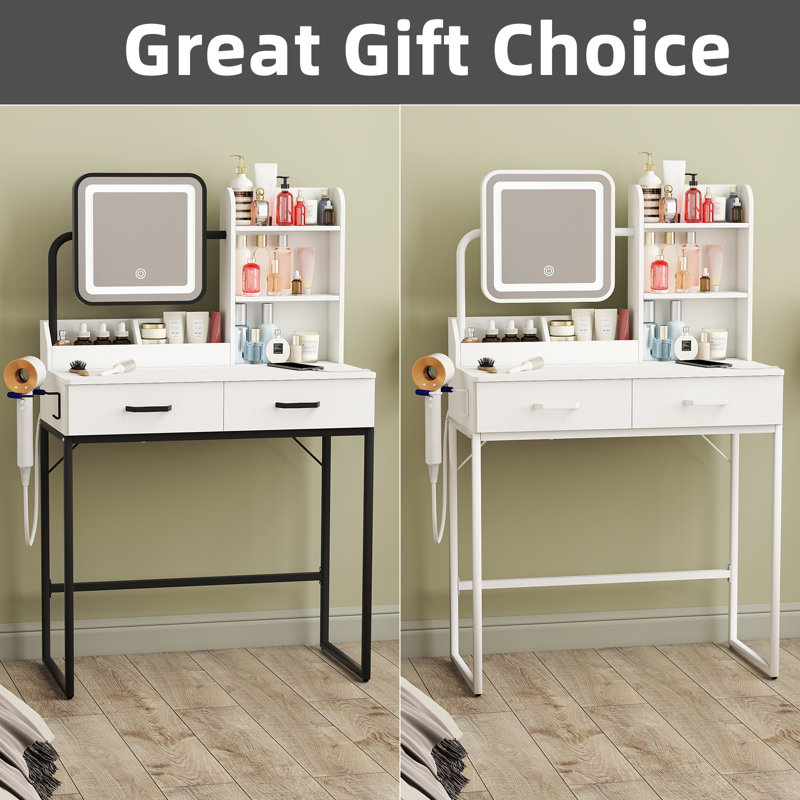 Coiffeuse de maquillage moderne avec miroir à écran tactile, prises intégrées, charge USB et éclairage réglable, Blanc