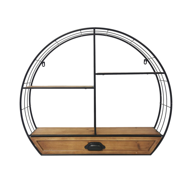 Black Iron and Wood 4-Tier Floating Wall Shelf