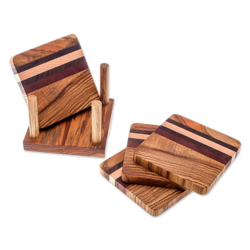 Ensemble de sous-verres à rayures en bois avec support