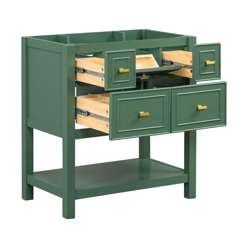  30'' Bathroom Vanity, Freestanding Single Vanity with 5 Drawers, Solid Wood Frame Storage Cabinet, Green, Sink Not Included