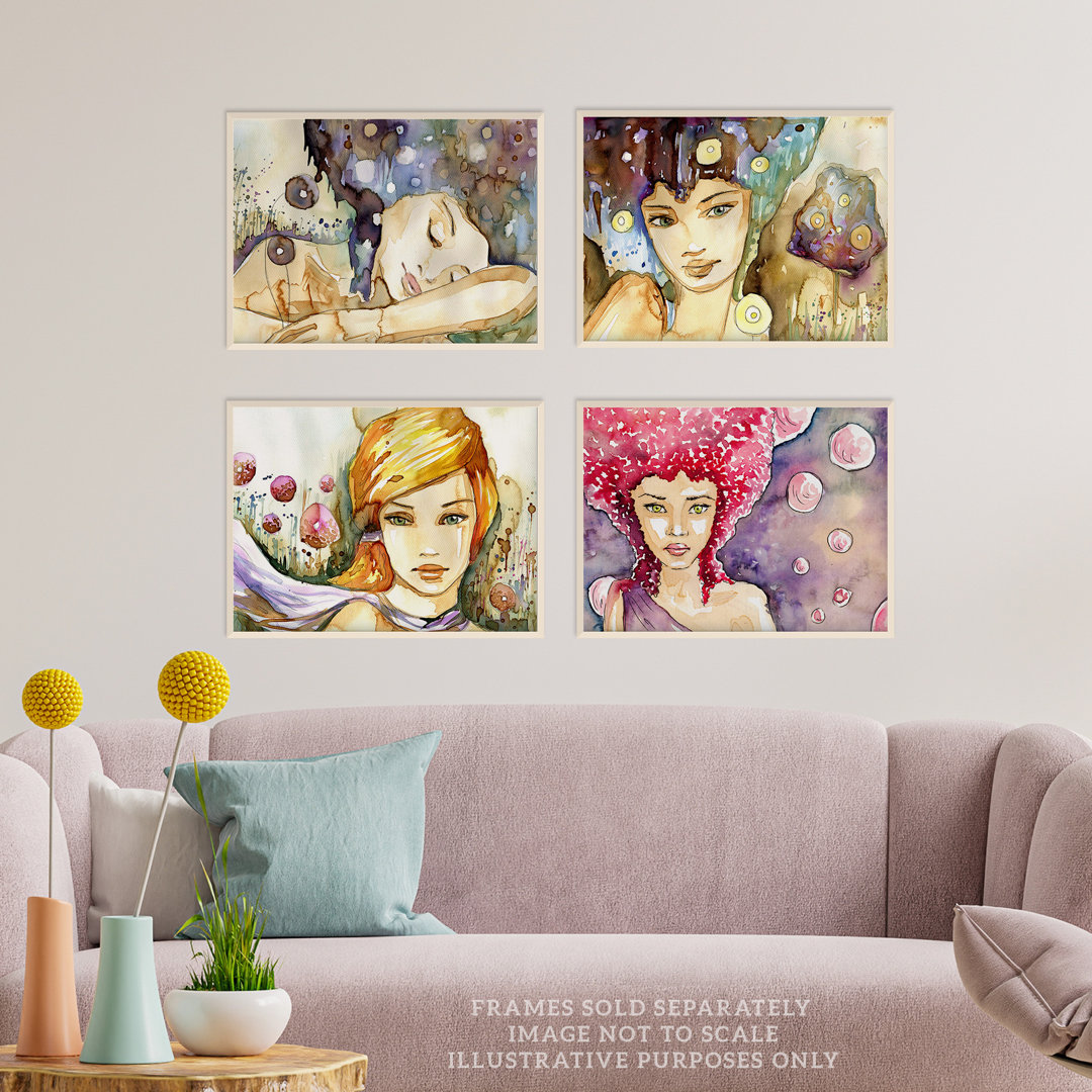 Watercolour Women Portrait Modern Boho Painting - 4 Piece No Frame Print Set