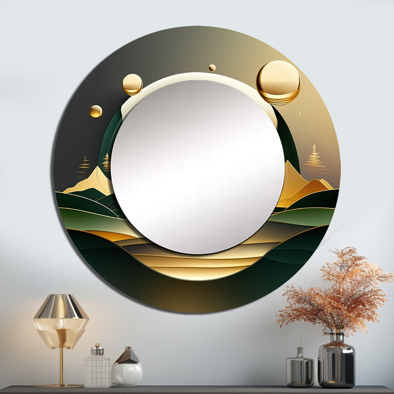 Perritt Dreamy Golden Mountain III - miroir mural unique en marbre, miroir rond vert, impression d'art en métal