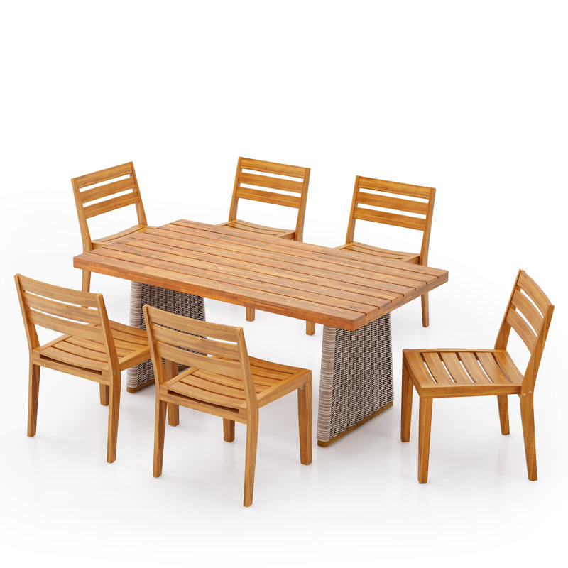 7-Piece Modern Coastal Acacia Wood & PE Wicker Patio Dining Set, Brown Wicker