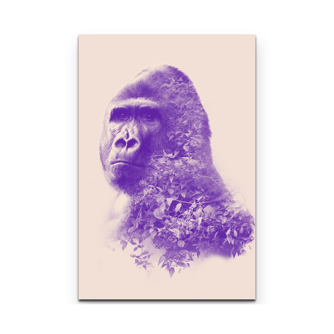 Leinwandbild Lila Gorilla Portrait mit Wald