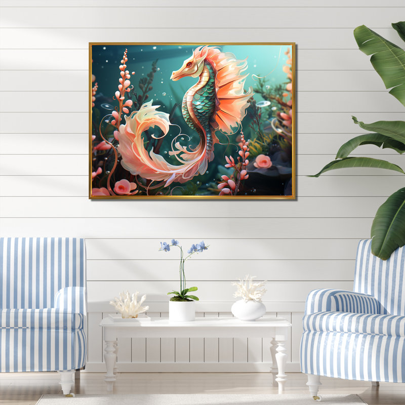 Rose, corail et hippocampe, H 30 po x l 40 po x P 1,5 po, Cadre flottant doré
