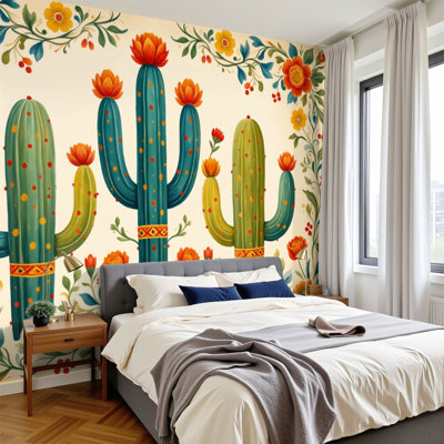 Papier peint adhésif mexicain à motif de cactus coloré Southwestern Floral Accents