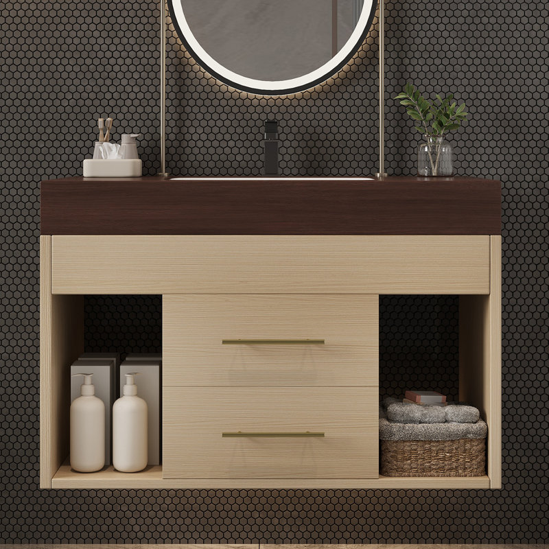 Ensemble de meuble-lavabo flottant 29,9 po avec lavabo sous-comptoir en céramique fritté et fixation murale pour petites salles de bain, appartement
