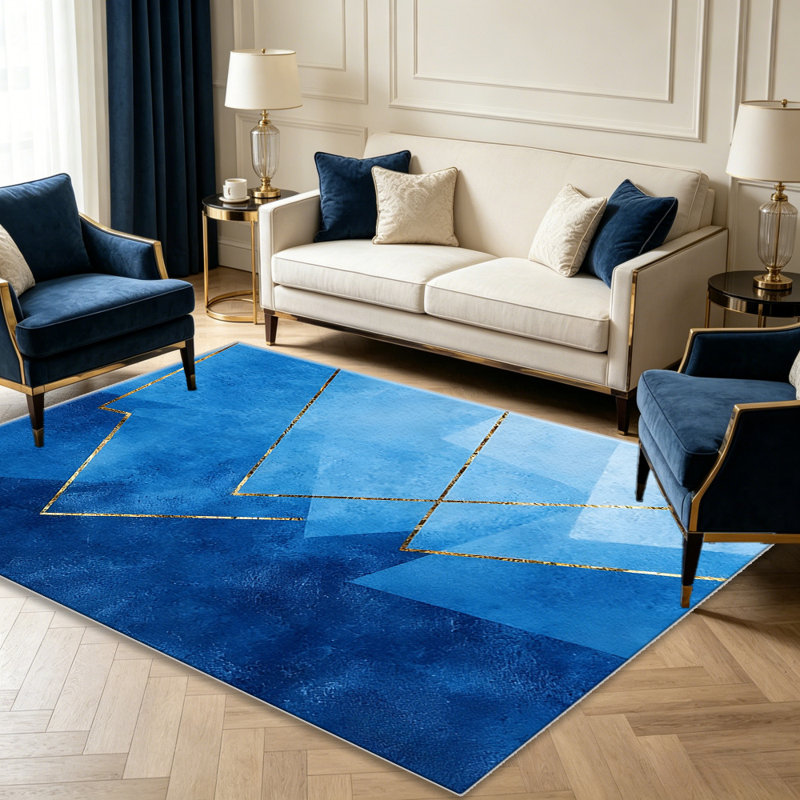 Modern Abstract Geometric Gold Blue carpet-easy to clean, machine-washable, soft and comfortable; suitable for door mats, kitchens, living rooms, bedrooms, corridors, and laundry areas. Easy to clean, durable carpet for home decoration.