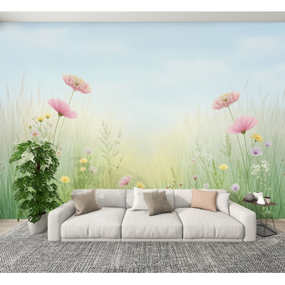 Papier peint pelez et collez Serene Wildflower Meadow Fleurs pastel douces herbes murales hautes H 100 po x l 144 po Papier mural amovible en PVC auto-adhésif pour chambre à coucher, salon, bureau à domicile