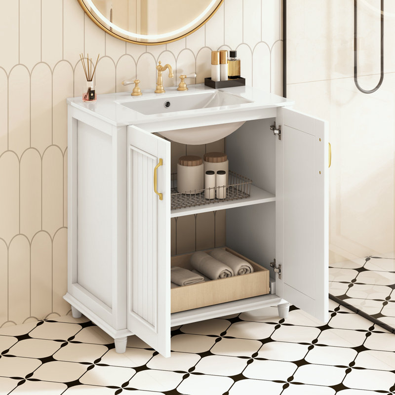 Meuble-lavabo à cadre en bois avec lavabo en résine, tiroir caché et armoire de rangement, Blanc