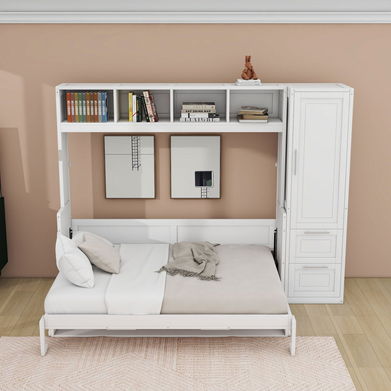 Lit escamotable en bois avec 2 tablettes et 2 tiroirs Tandie, Grand, Blanc