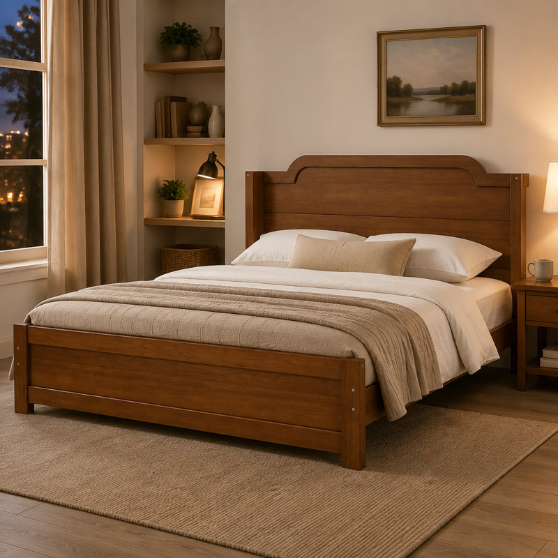 Queen Platform Bed with Headboard, Solid Wood, Brown Finish, Minimalist Design, Easy Assembly, No Box Spring