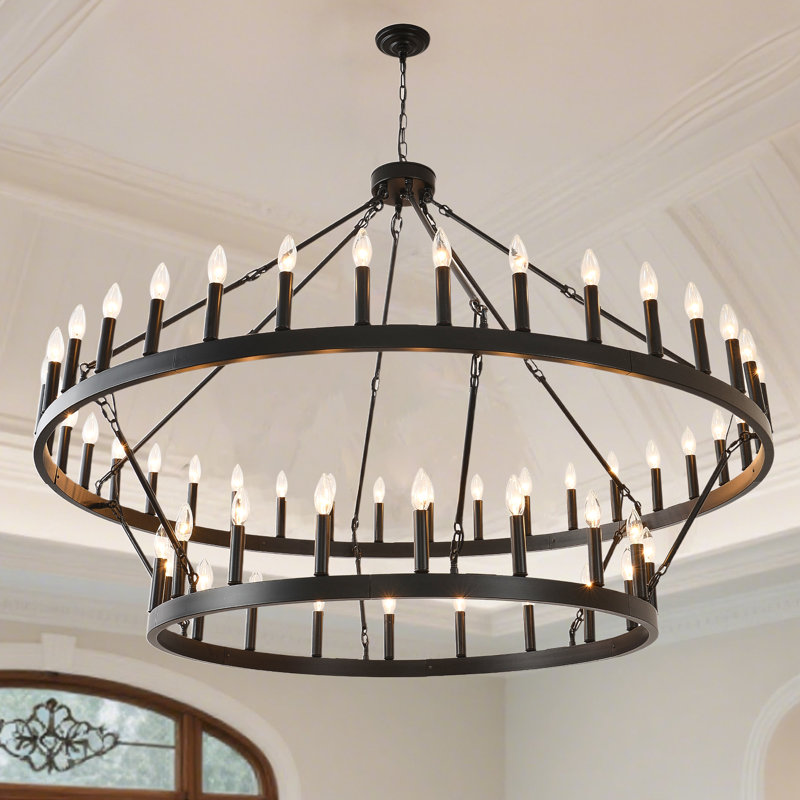 2 Tier 60 Inch Large Wagon Wheel Chandelier Farmhouse,54-light Black Industrial Ceiling Pendant Light Fixture Round Rustic Hanging Lighting Outdoor Chandelier for Porch, High Ceilings