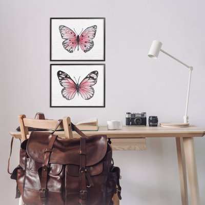 Pink Butterflies with Vintage Cursive 2 Piece Framed Giclee Art Set, design by Janet Tava