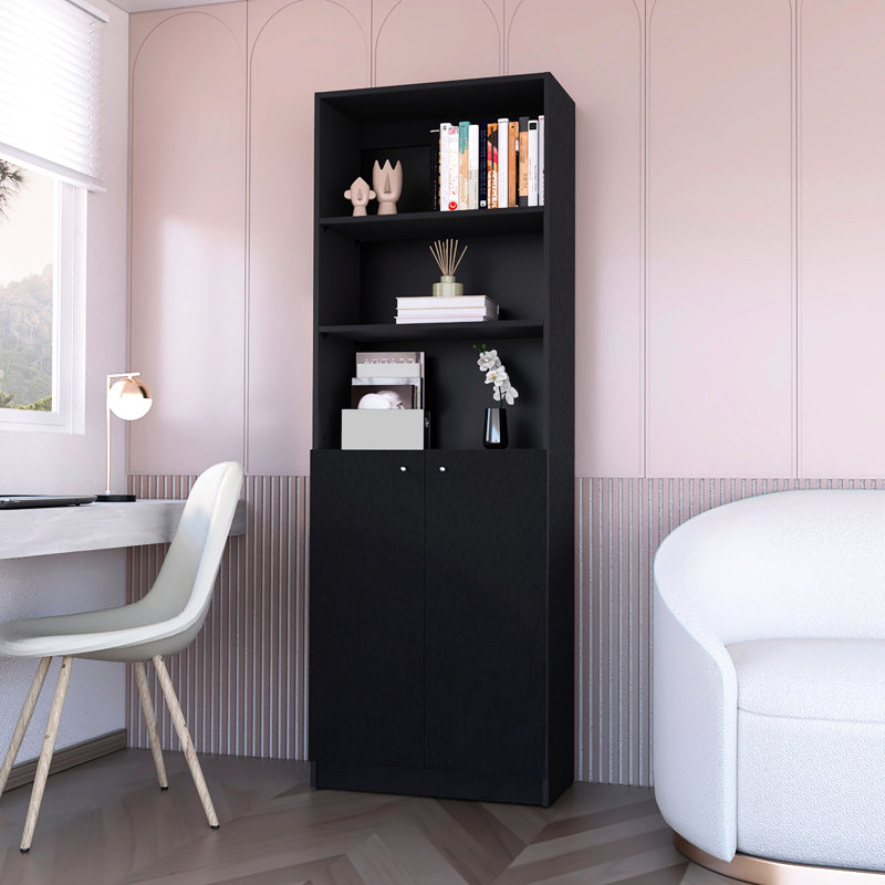 Bibliothèque noire à 2 portes avec tablettes ouvertes pour la décoration intérieure et les fournitures de bureau