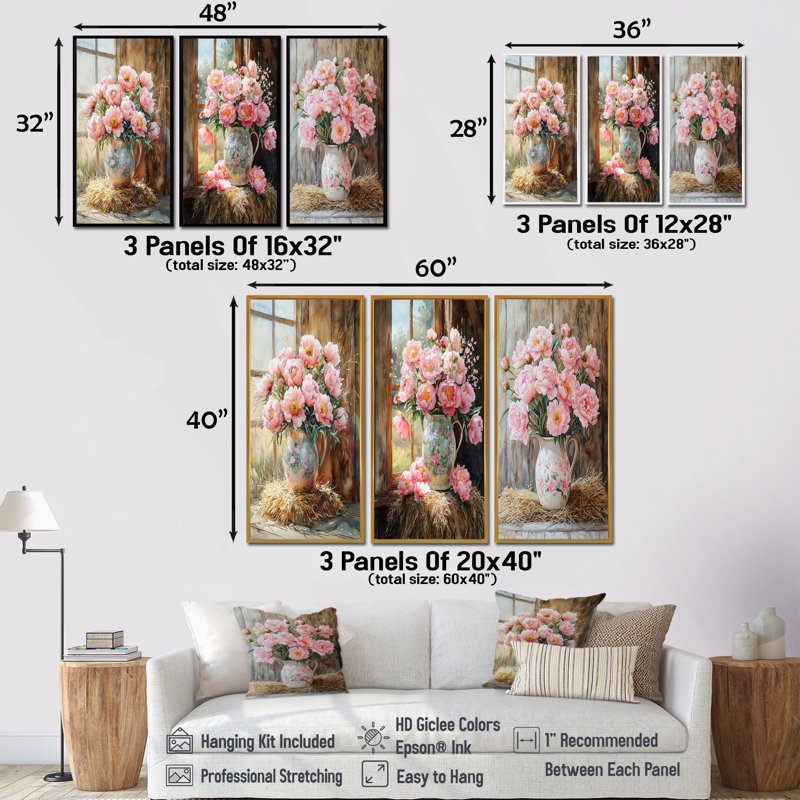 Bouquet de pivoines champêtres dans un vase à lait I - Collection d'art mural traditionnel, H 40 po x l 60 po, Argent argent