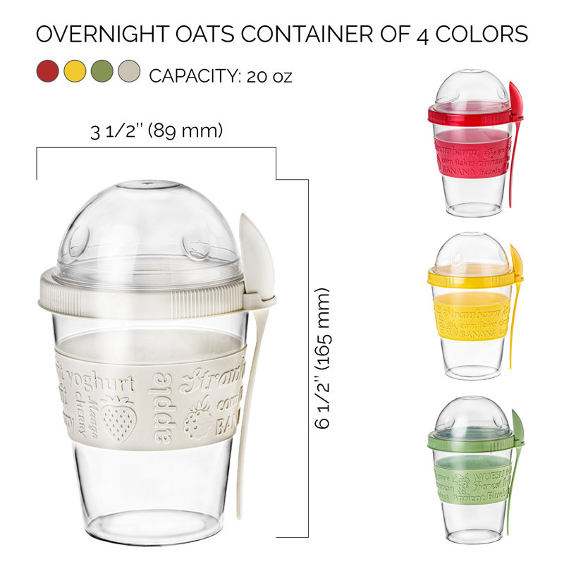 Crystalia Overnight Oats Containers with Lids, Overnight Oats Jars with Spoons, Oatmeal Container to Go with Topping for Cereal, Milk, Vegetable, Yogurt, and Fruit Salad Storage, (Medium 20 oz)