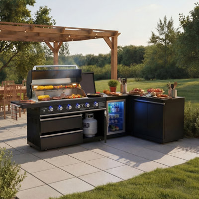 Akoah 4-piece Modular Outdoor Kitchen Island Set With 6-burner Grill, Fridge