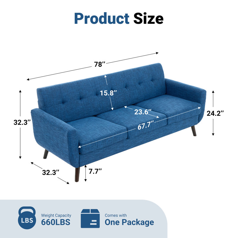 Delanie Cattaleya 78" Mid Century Modern Square Arms Linen Upholstered Sofa, Blue