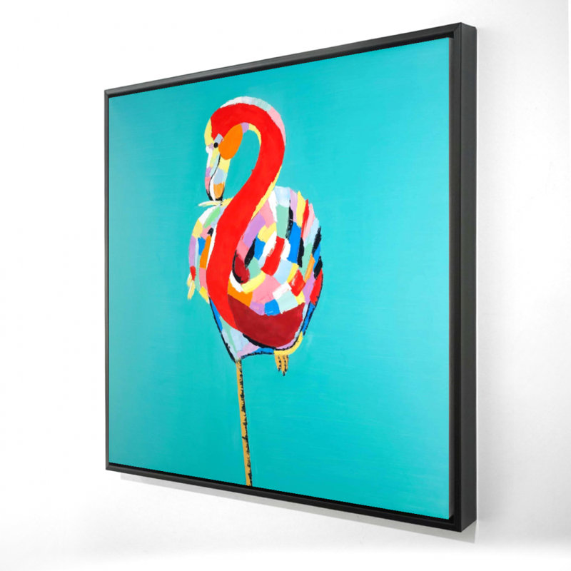 Flamant rose coloré - Décoration encadrée sur toile turquoise, H 37,25 po x l 37,25 po
