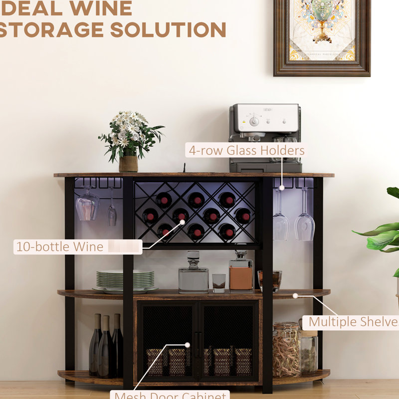 Armoire à vin en brun rustique, fonction de charge, DEL, armoire de style industriel 10, support, lumières, brun