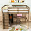 Lit mezzanine double en bois pleine grandeur avec long bureau intégré, tablette de rangement, tiroirs et garde-robe-1954811610