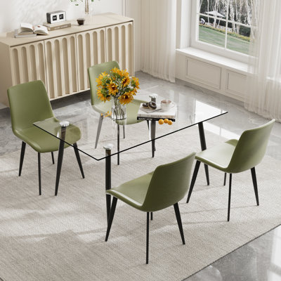 Ensemble de table de salle à manger rectangulaire moderne en verre, table de salle à manger rectangulaire avec 4 à 6 chaises en similicuir, plateau de table en verre trempé avec pieds en métal noir, ensemble de table de cuisine pour la maison, le salon