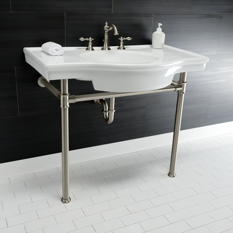 Kingston Brass Templeton 37-Inch Ceramic Console Sink with Stainless Steel Legs (8-Inch, 3-Hole), Brushed Nickel