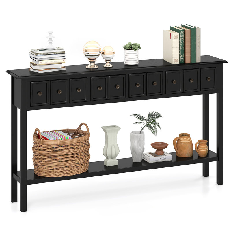  60'' Long Narrow Console Table w/4 Drawers & Open Storage Shelf Anti-Tip Kit Black, Black