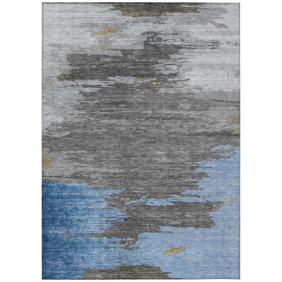 Machine Washable Indoor/Outdoor Xhevrie Denim Rug