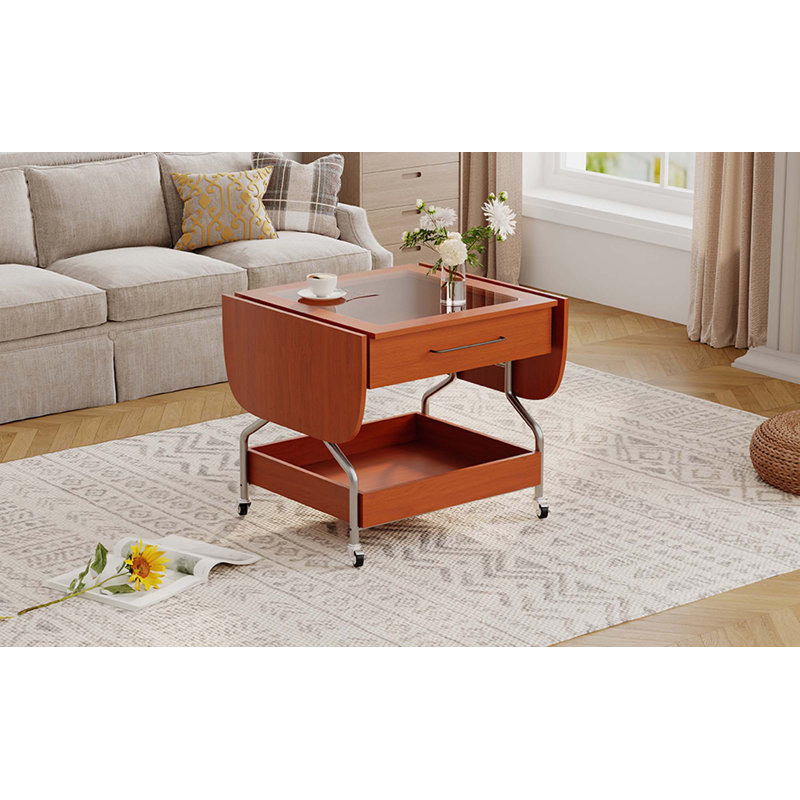 Table basse moderne avec roulettes, table basse pliante avec 1 tiroir et 2 niveaux de rangement, table basse à cadre en métal pour le salon