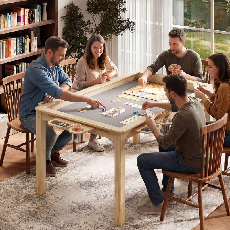 Table de jeu en bois massif avec plateau amovible, comprend un tapis de jeu, 6 porte-gobelets et plateaux de loisirs amovibles, une table de jeu et de salle à manger pour les réunions de famille