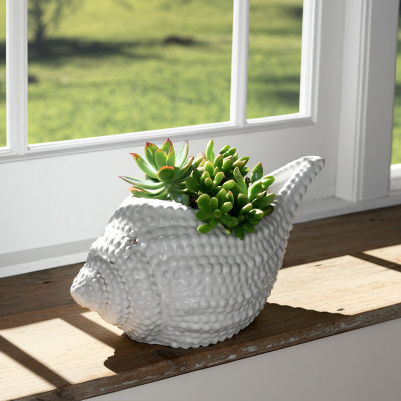 Planter Stoneware Ceramic Shell-Shaped Textured Design Indoor Outdoor Home Garden Decor - 6" White