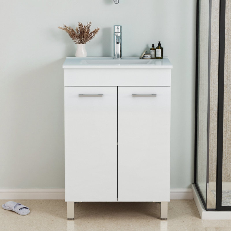 Meuble-lavabo blanc brillant 24 po avec lavabo en céramique, armoire et portes à fermeture douce