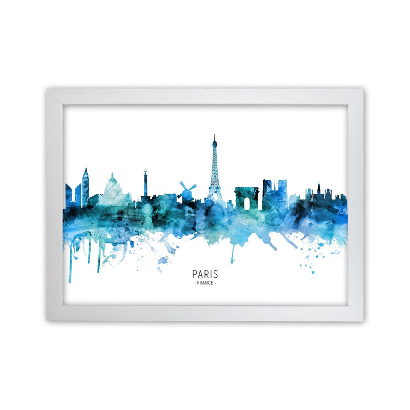 Paris France Skyline Blue City Name by Michael Tompsett - Print, 64cm H x 88cm W x 3cm D, White Framed