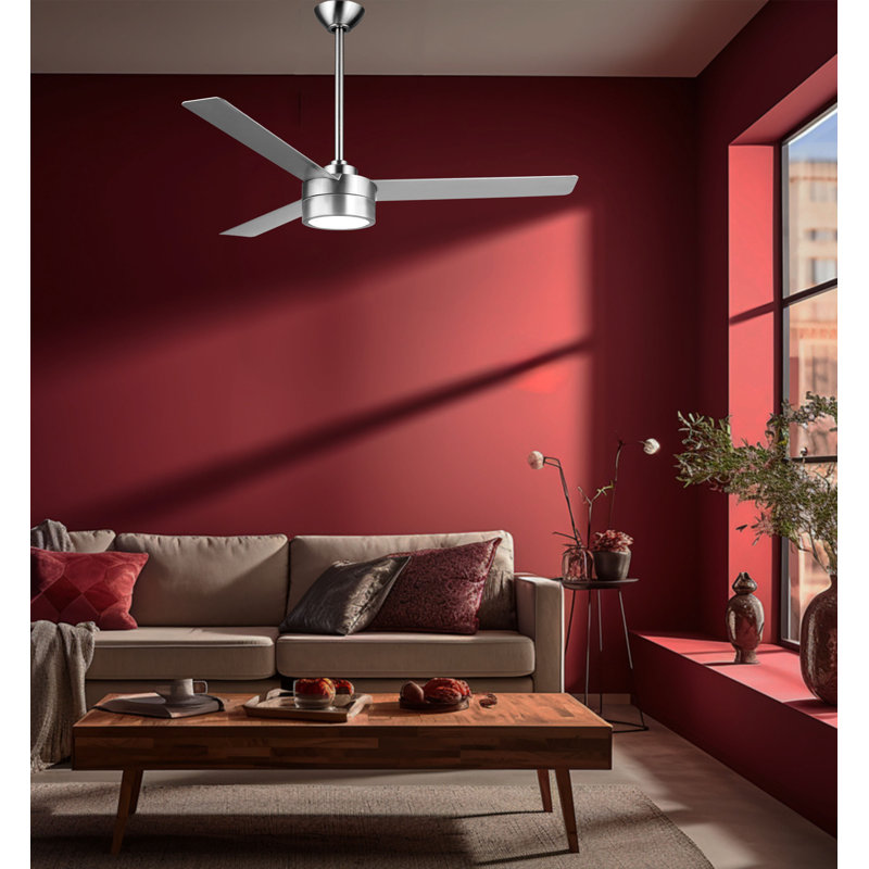 Roto LED 52" 3-Blade LED Ceiling Fan in Brushed Aluminum with Silver Blades and Etched Lens, Silver