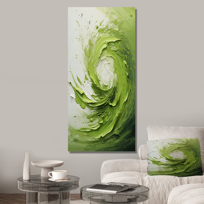 Vert et blanc, spirale abstraite V - Art abstrait spirales murales, Toile tendue, H 60 po x l 28 po x P 1,5 po