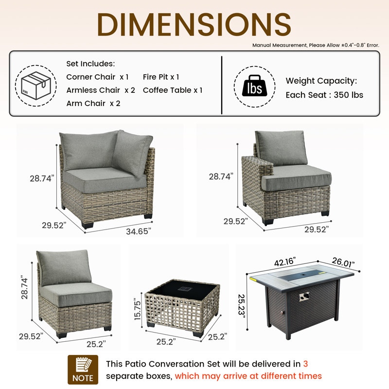 Ensemble de conversation d'extérieur en rotin pour 4 personnes avec coussins et table de foyer, Gris foncé