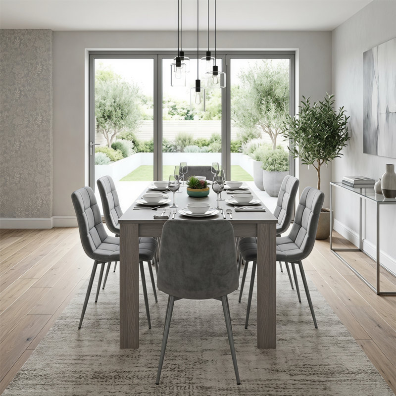 4 -Person Dining Set, 75 x 140 x 80 cm, Grey, 7 Pieces: 6 Chairs, Table