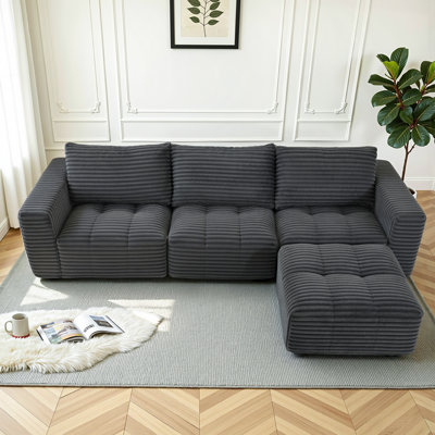 Compression Extra-Wide 3-Seater Sectional Sofa with Ottoman, Thick Padded Back Deep Seats L-Shaped Couch, No Assembly Required