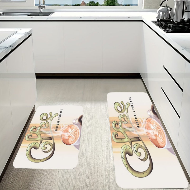Beige Coffee Cup Kitchen Mats, 2 PC, for Kitchen & Cafe Nook