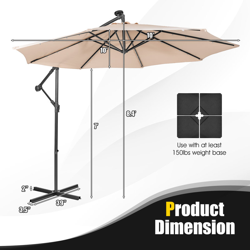 Parasol en porte-à-faux à énergie solaire 10pi avec système d'inclinaison, beige