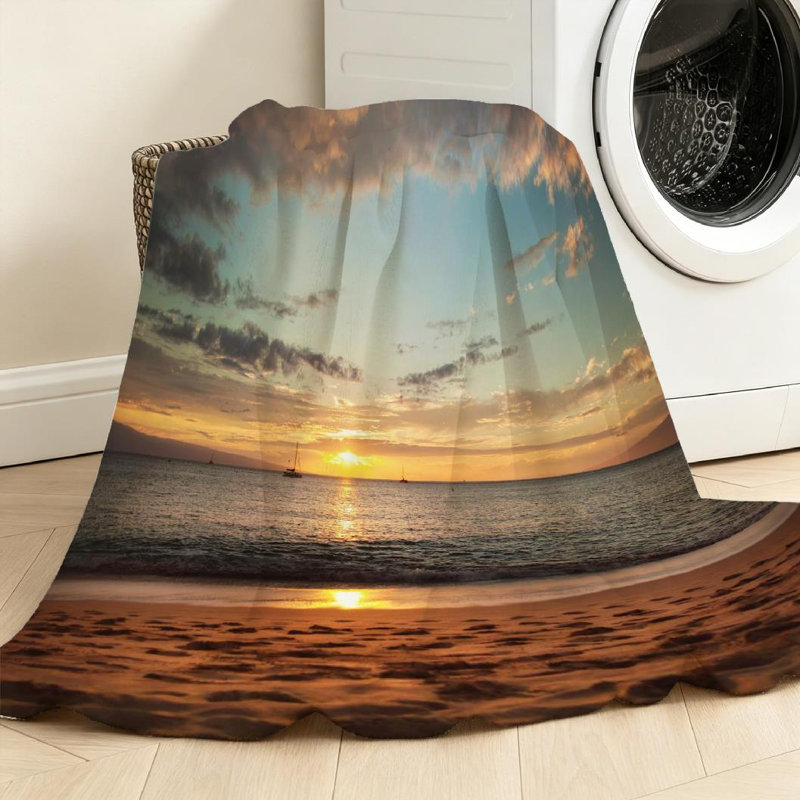 Jeté en flanelle transparente molletonnée, imprimé recto Sunset Ocean Beach, Throw 50" x 60"