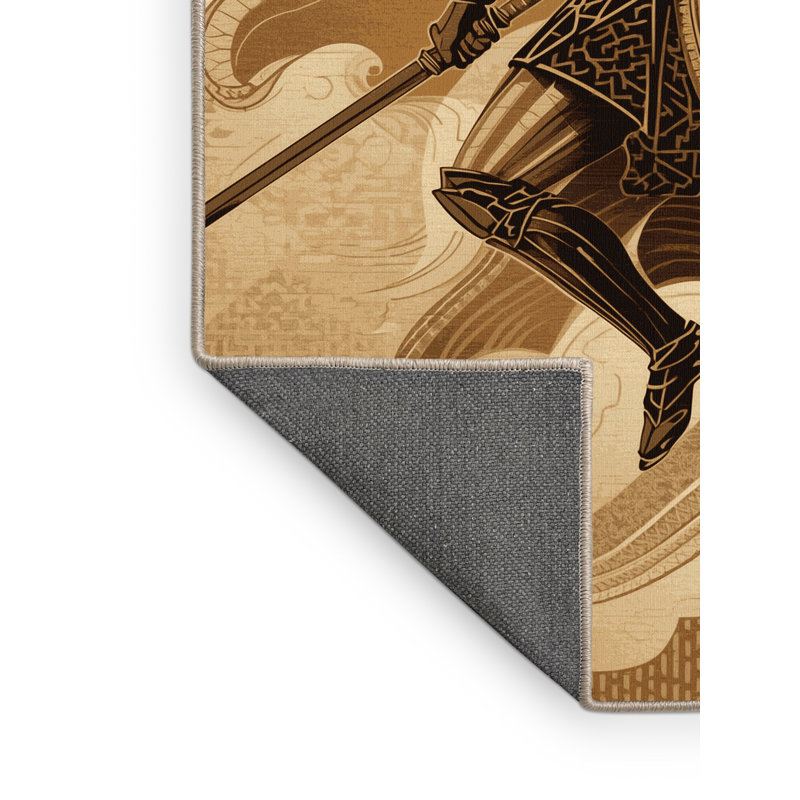 Tapis oriental moelleux doux et moelleux de style oriental Myrmidon Warrior en brun - reliure beige, 8 x 12