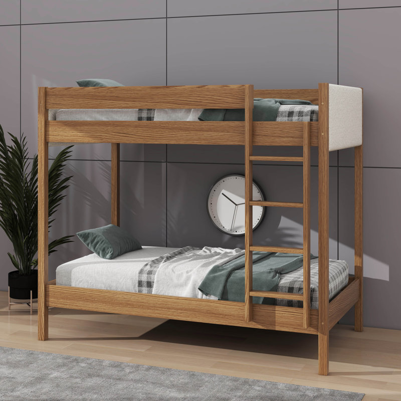 Lit superposé simple en bois d'hévéa avec structure rembourrée et échelle intégrée