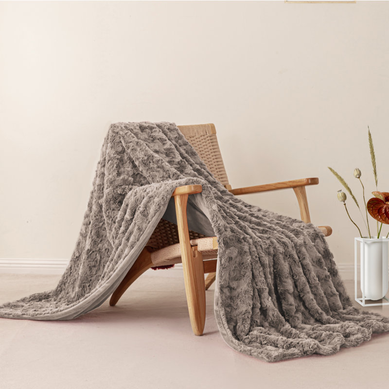 Jeté / couverture en fausse fourrure brossée, L 60 po x L 80 po, Café clair