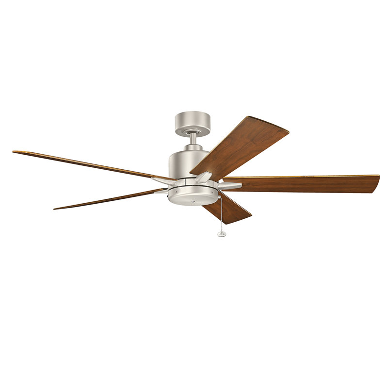 Ventilateur de plafond 5 pales Bowen, Nickel brossé avec pales en acajou clair