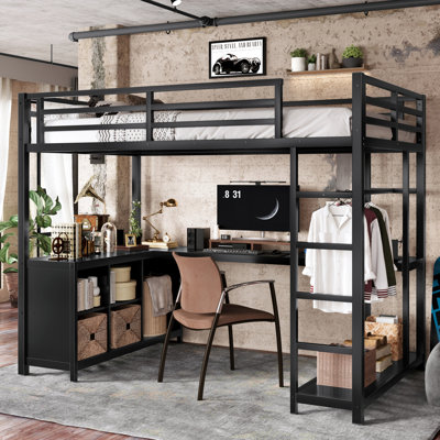 Lit mezzanine double en métal avec garde-robe, bureau en L et cubes de rangement